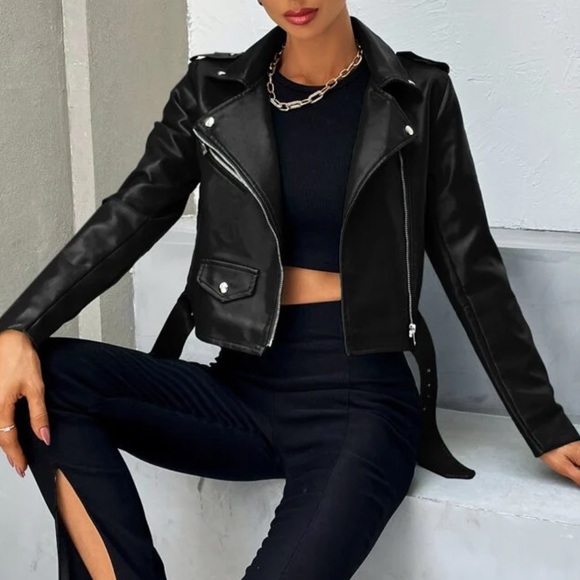 Jackets & Blazers - Faux Leather Moto Jacket Black Zip Up Belted